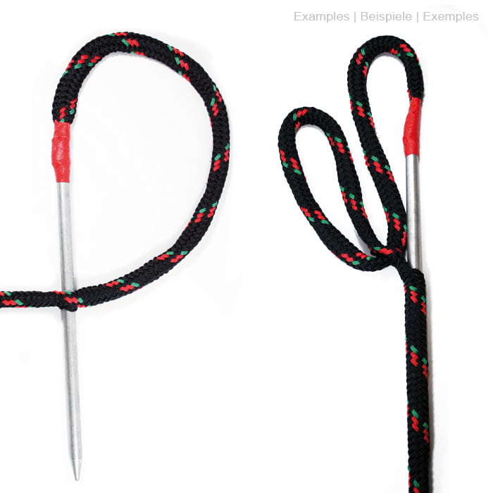 ArboLine 2 t rope with red and green accents attached to a metal skewer, two loops visible