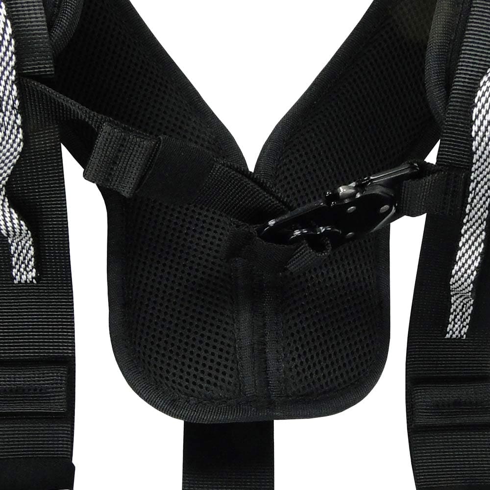 Close-up of the middle area of the Tree Austria Top harness system with black padding and metal closure