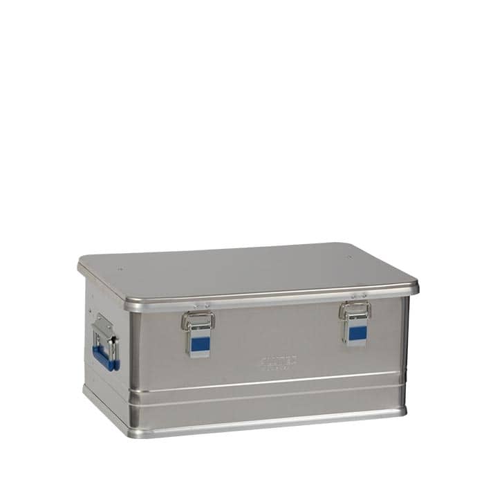 Alubox Comfort 48, closed silver aluminium box with blue handles and closures