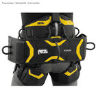 Petzl podium, black and yellow hip belts with Petzl lettering and podium carried by one person from behind