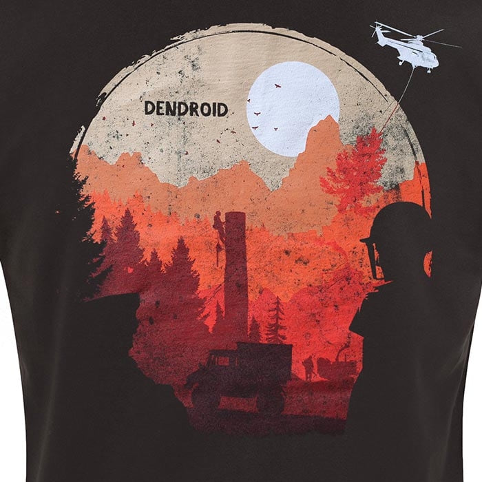 Dream Day T-shirt by DENDROID in black with close-up of the back motif showing a landscape with red and orange trees, mountains, a white moon, a helicopter and a person wearing a helmet