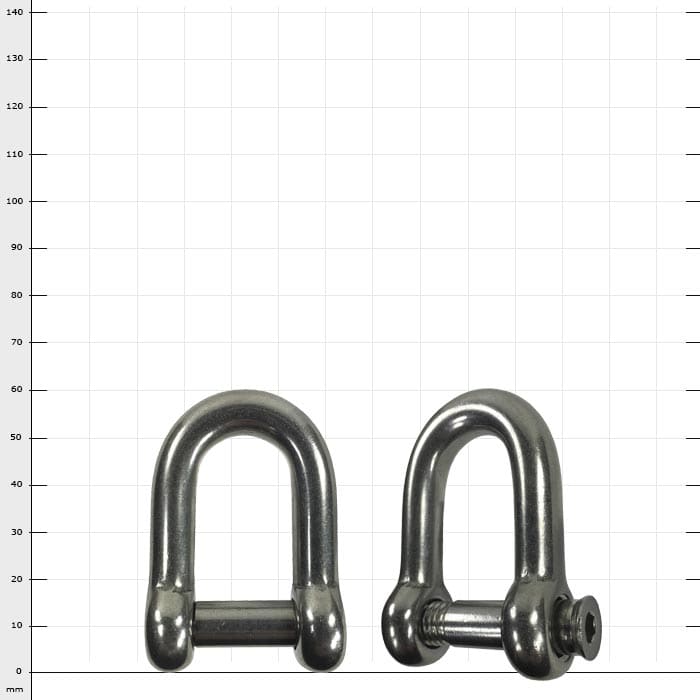 Stainless steel shackle, two silver metal brackets next to each other, one with screw cap, the other without visible closure