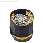 Round yellow and black Petzl Bucket 45 with open black cord closure at the top, filled with a white climbing rope with black dots