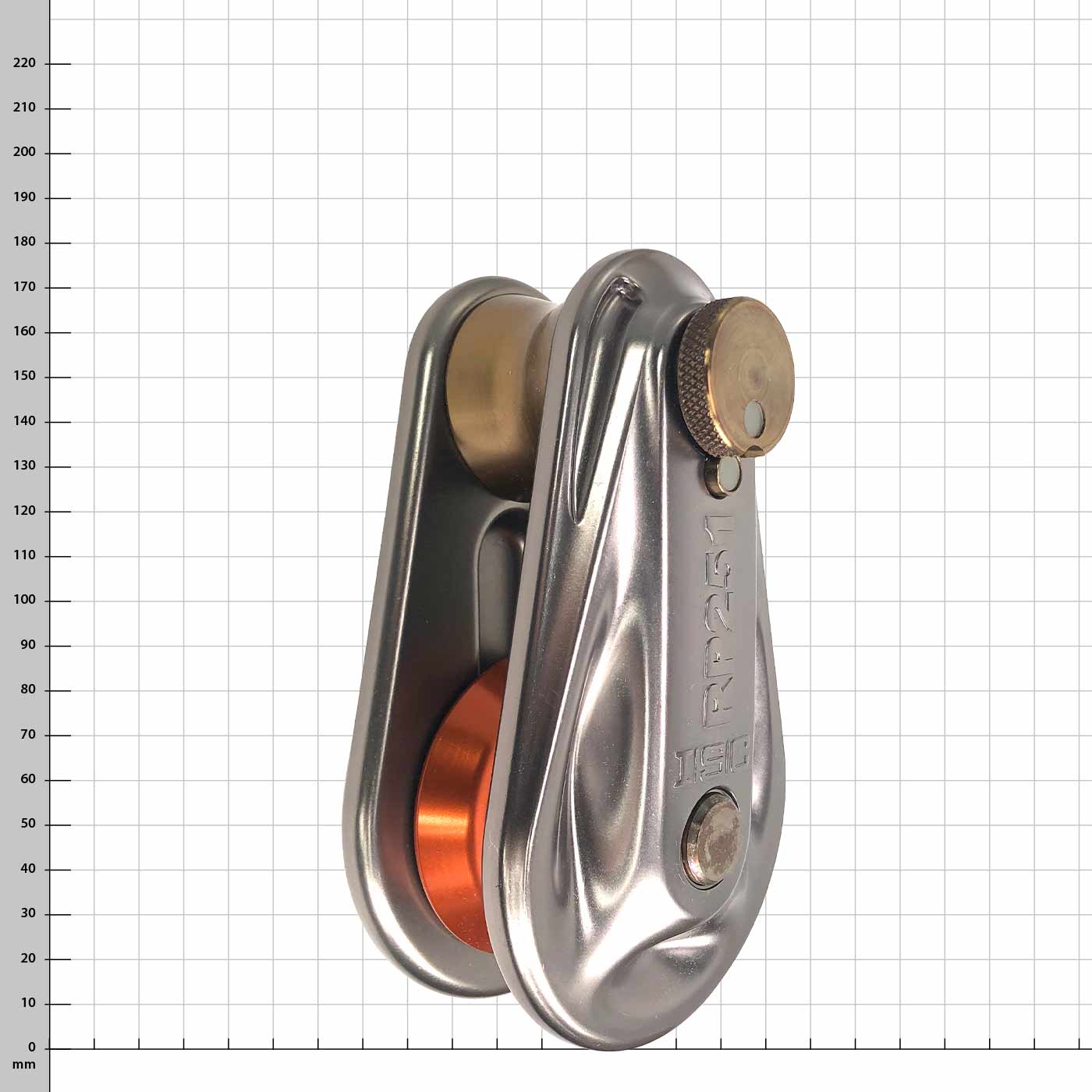 Small Rigging Pulley, silver metal housing with orange roller and brass elements, product name engraved on the side