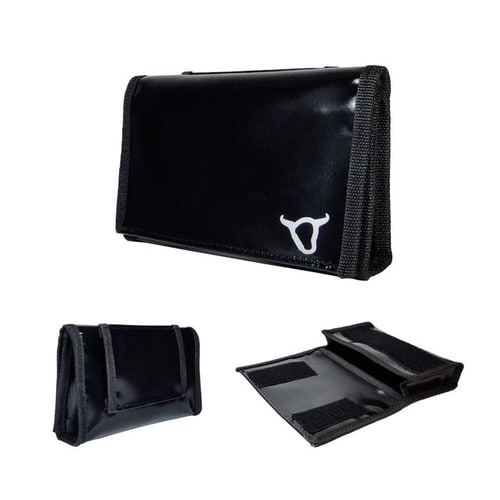 Black Belt Pouch with black border and white bull head logo, shown closed, from the back and opened with Velcro, product name Belt Pouch visible