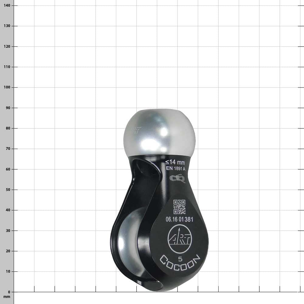 Cocoon 5, black and silver rope roll element with prints and QR code, view at a slight angle from the front