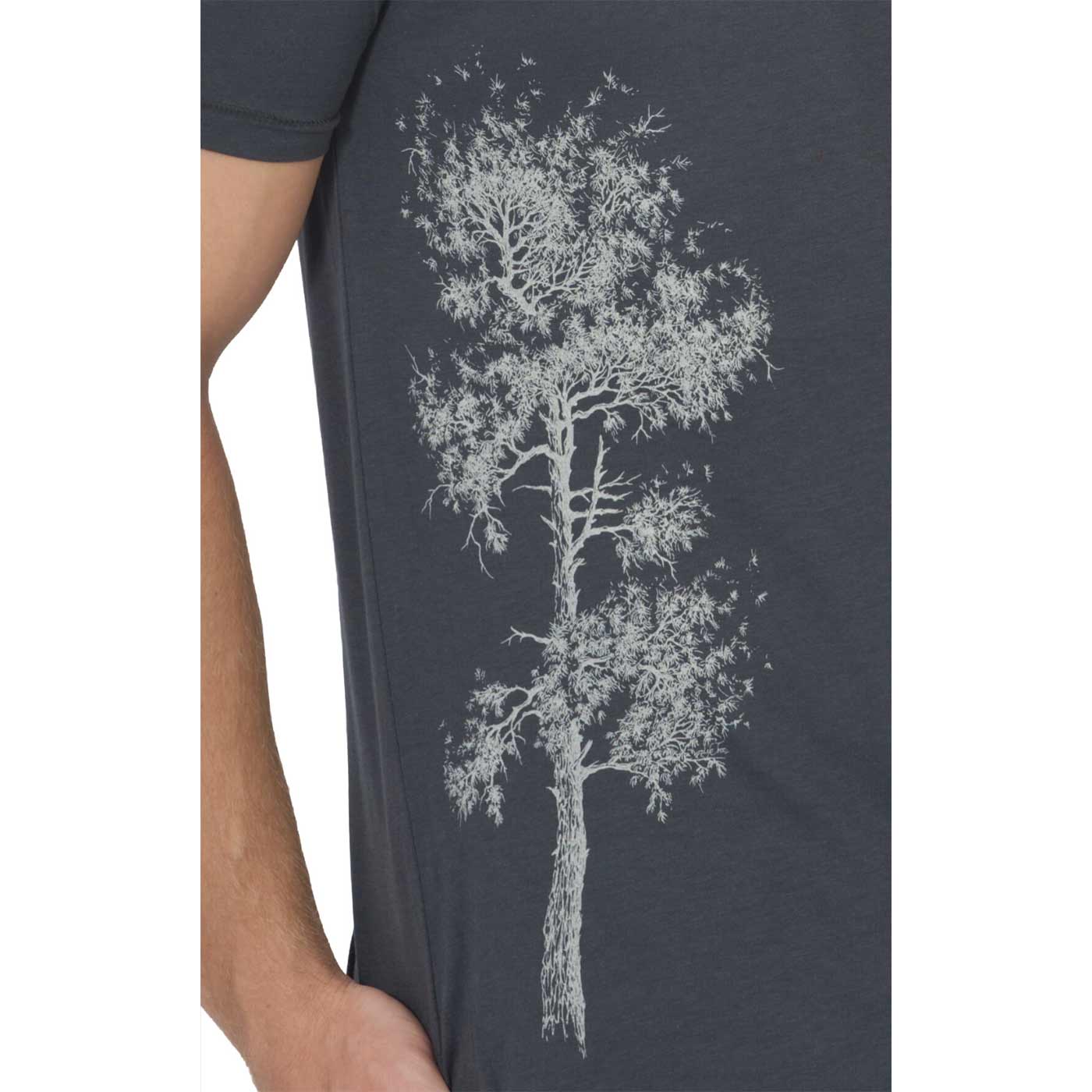Close-up of white tree print on dark gray Pine Tree T-shirt.