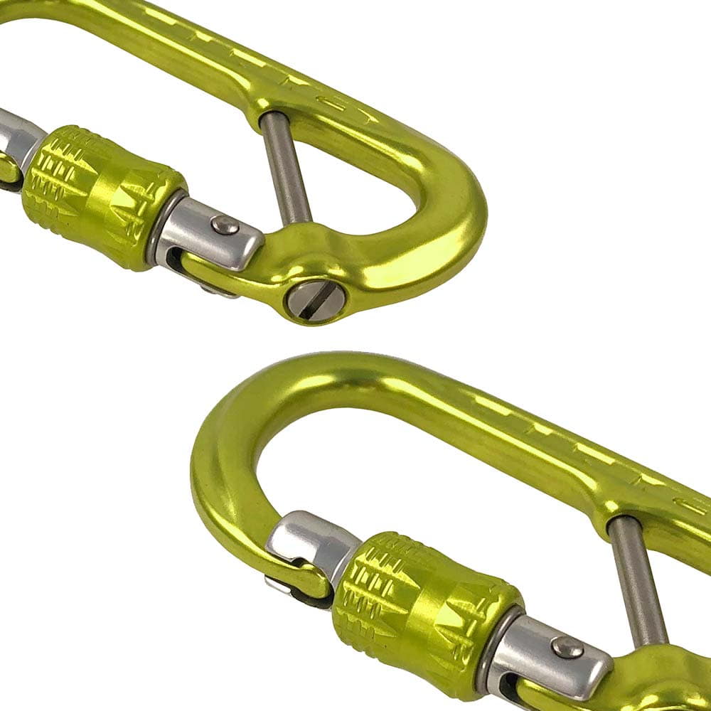 Two yellow-green XSRE Lock Captive Bar carabiners with screw cap and silver-coloured metal parts, partly overlapping on a white background