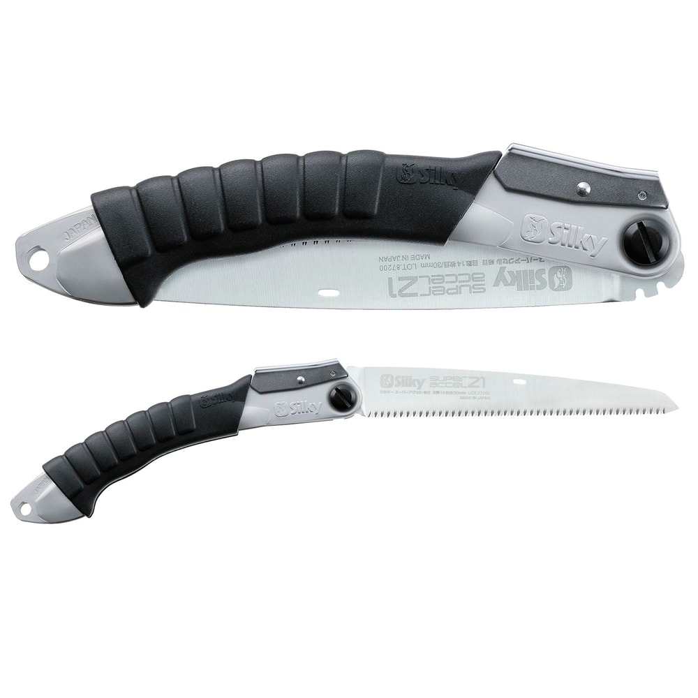 Silky Super Accel 210-14 folding saw with black handle and visible blade, manufacturer name Silky on handle and blade