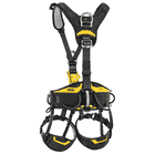 Astro Bod Fast climbing harness by Petzl in black with yellow accents and padded leg and hip loops, back seen