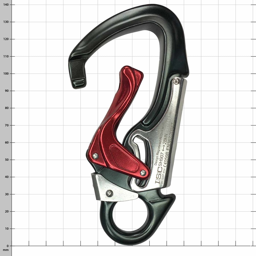 Triglav snap hook with black and red metal, front view open with visible metal engraving