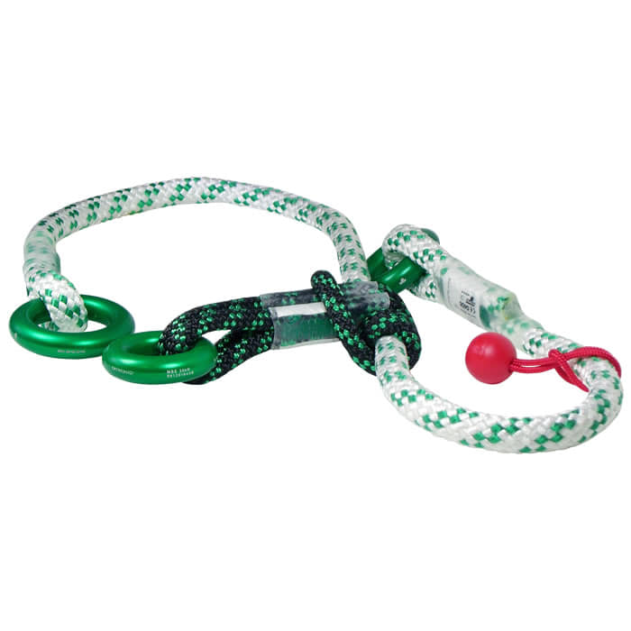 multiSAVER white-green rope with green metal rings, knots and red plastic handle, on white background