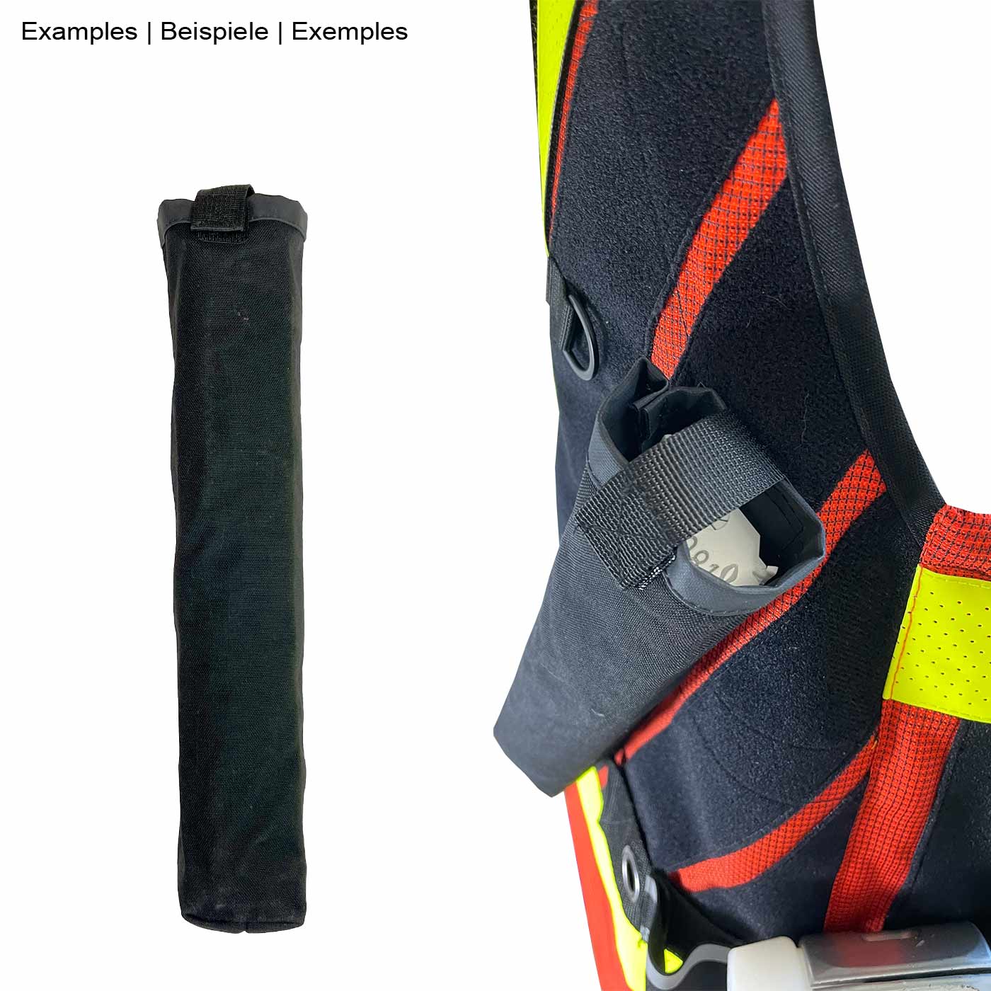 My Gear Vest Professional Set, black long fabric case on a white background and next to it the case attached to a colorful jacket with Velcro fastener