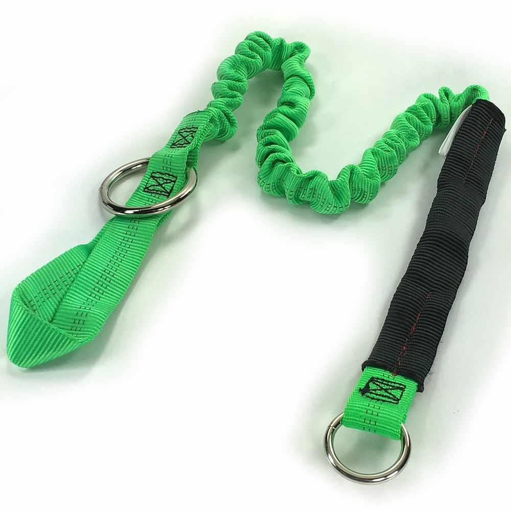 Strop 50, green elastic band with two metal rings, one end with black reinforcement, lying on a white background