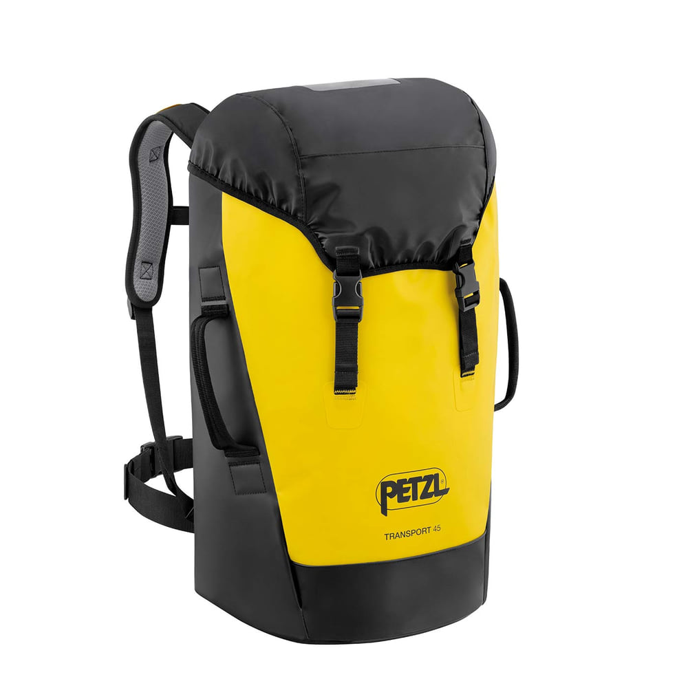 Petzl Transport 45 backpack in yellow and black with two buckles on the front and side handles