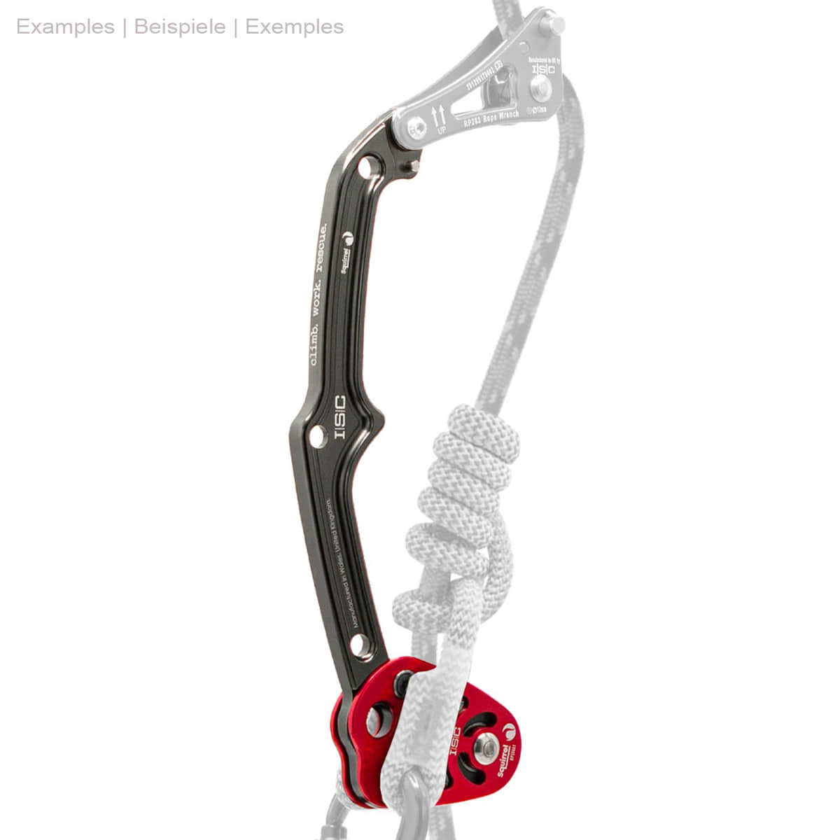 Squirrel Tether, climbing device with black metal arm and red aluminum block to which a gray rope with knots is attached, parts of the rope and other equipment are hidden.