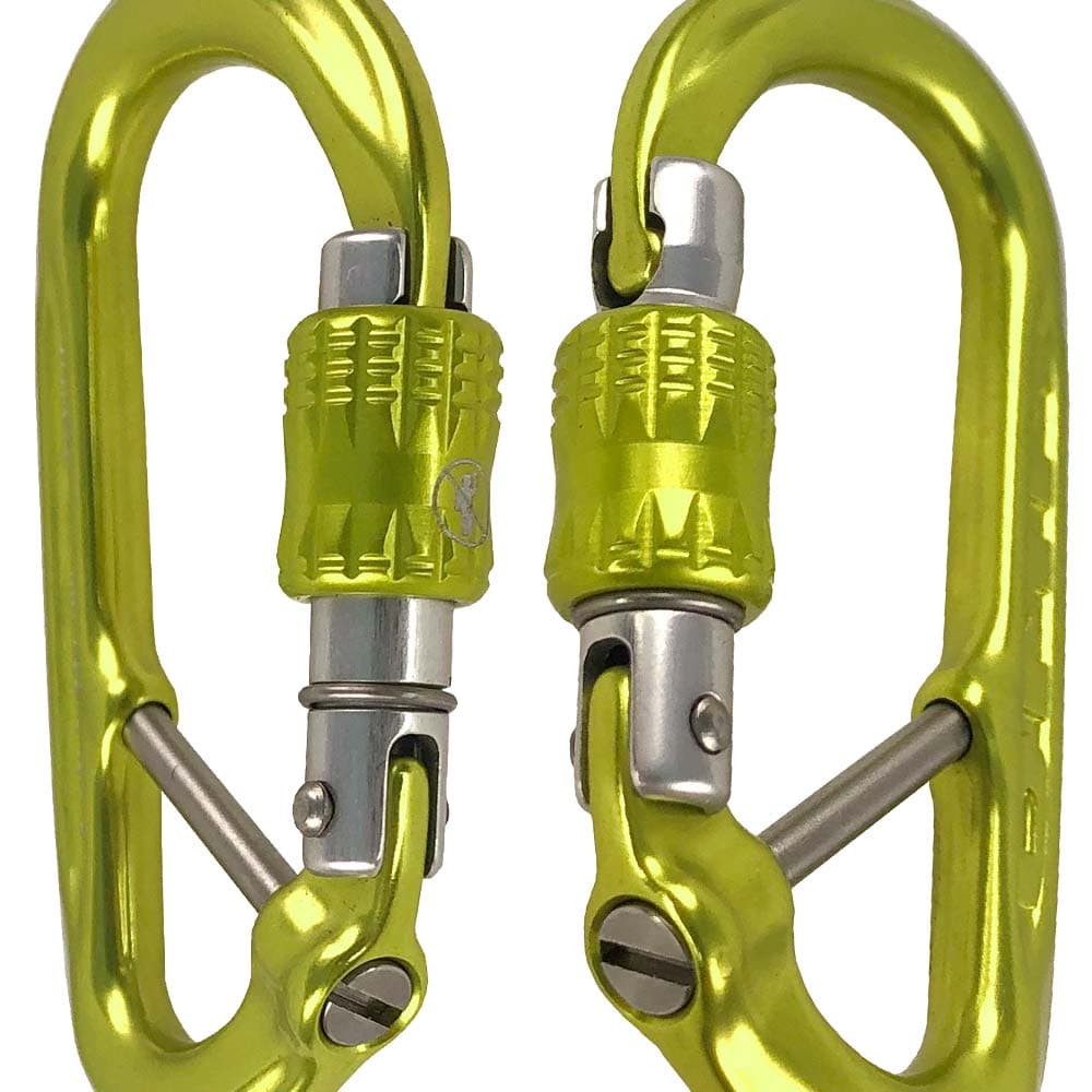 Two yellow and green XSRE Lock Captive Bar carabiners with screw cap and silver metal parts side by side