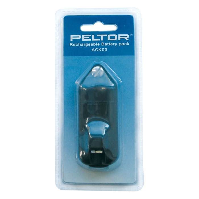 Peltor Rechargeable Battery pack ACK03 in transparent blister packaging with blue background, manufacturer Peltor, product name Lite Com ACK03 battery pack