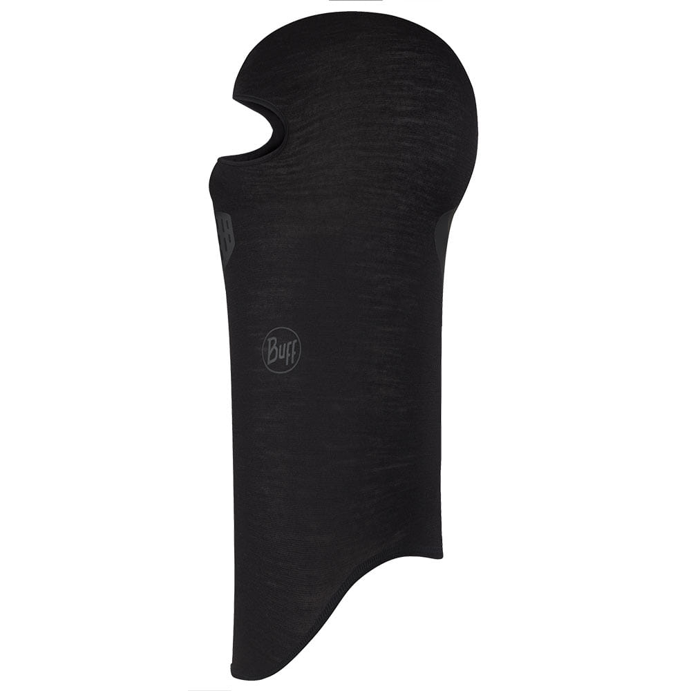 Balaclava Merino by Buff, black balaclava with logo on the front and opening for the face