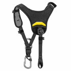 Top by Petzl, black shoulder strap with padded back, yellow marking on the back and metal eyelets, snap hook attached