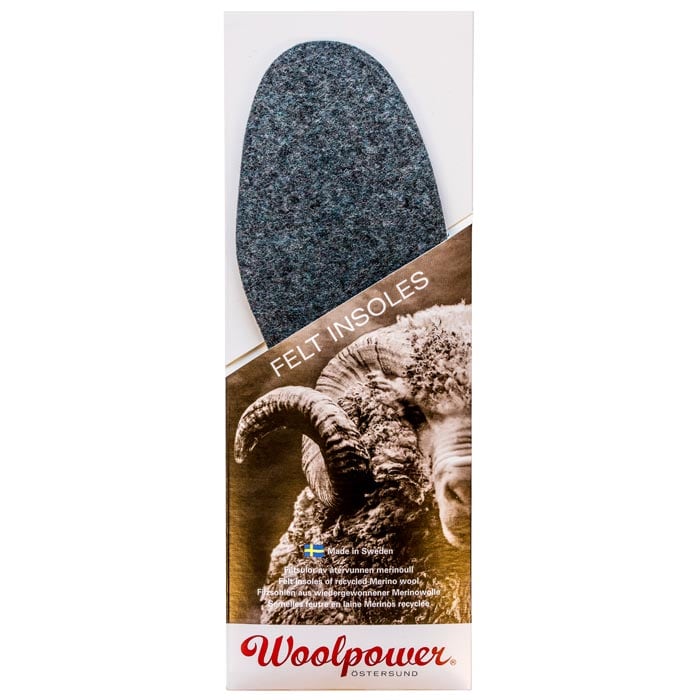 Felt Insoles by Woolpower, grey felt inlay with packaging showing a sheep and the lettering "Woolpower Östersund"