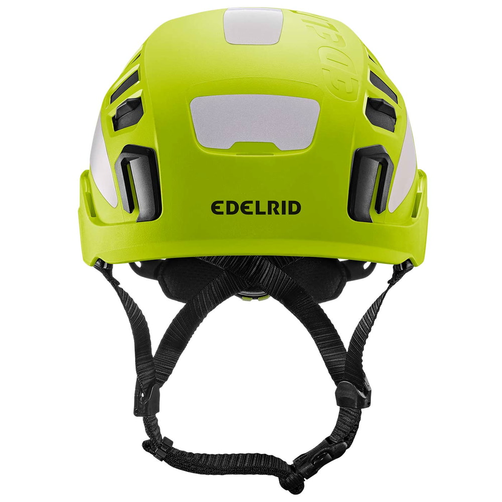 Tectum Air Hi-Viz climbing helmet by Edelrid in bright yellow with white reflectors and black chin strap, front view with visible Edelrid brand logo