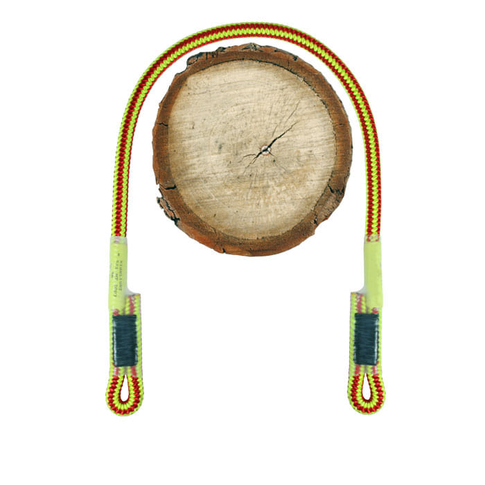 XP-e lanyard, red and yellow rope with two loop ends, on a wooden disc background
