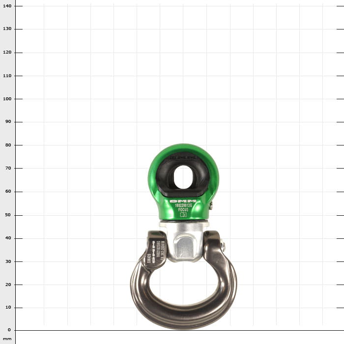 Mini-Swivel Focus L, green and silver metal part with round top section and large hook at the bottom, product name visible