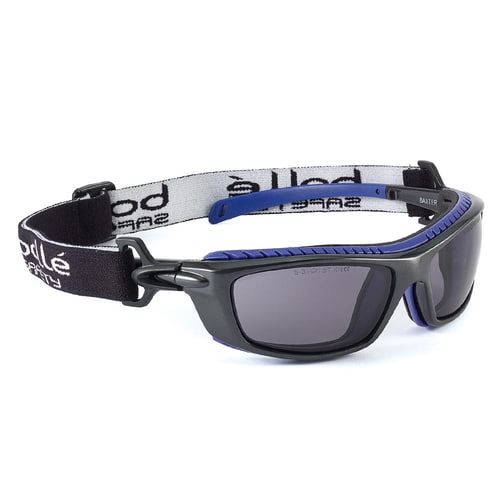 Bollé Baxter safety glasses with tinted lens and black, blue frame and black headband with white lettering