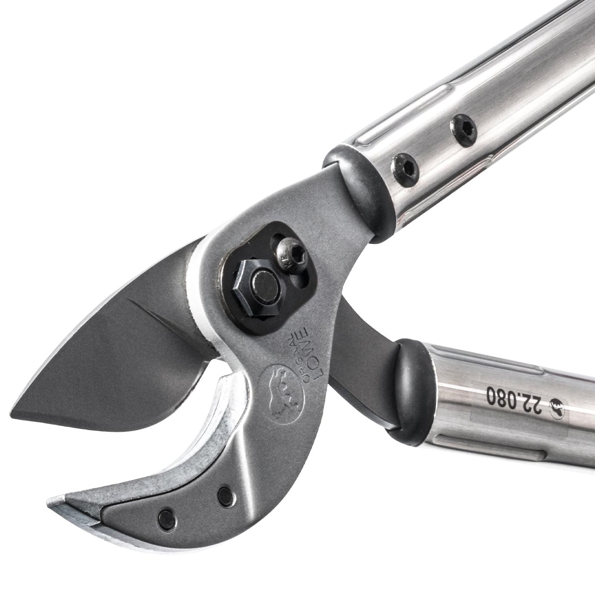 Close-up of the cutting head of the anvil 22.080 with engraved lettering and screws, silver handles visible