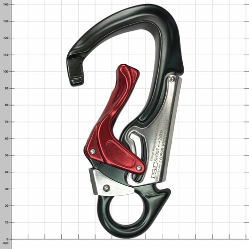Triglav snap hook with black and red metal, front view open with visible metal engraving