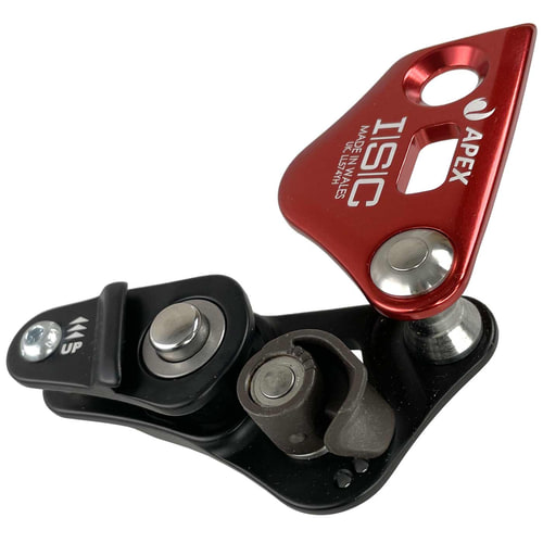 Apex Rope Wrench by ISC, Red and Black Metal Device with Moving Parts, Inscription "APEX ISC Made in Wales", Against White Background