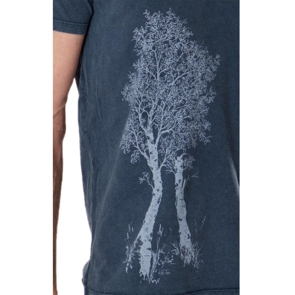 Detail of the white tree motif on the dark blue Birch Tree T-shirt