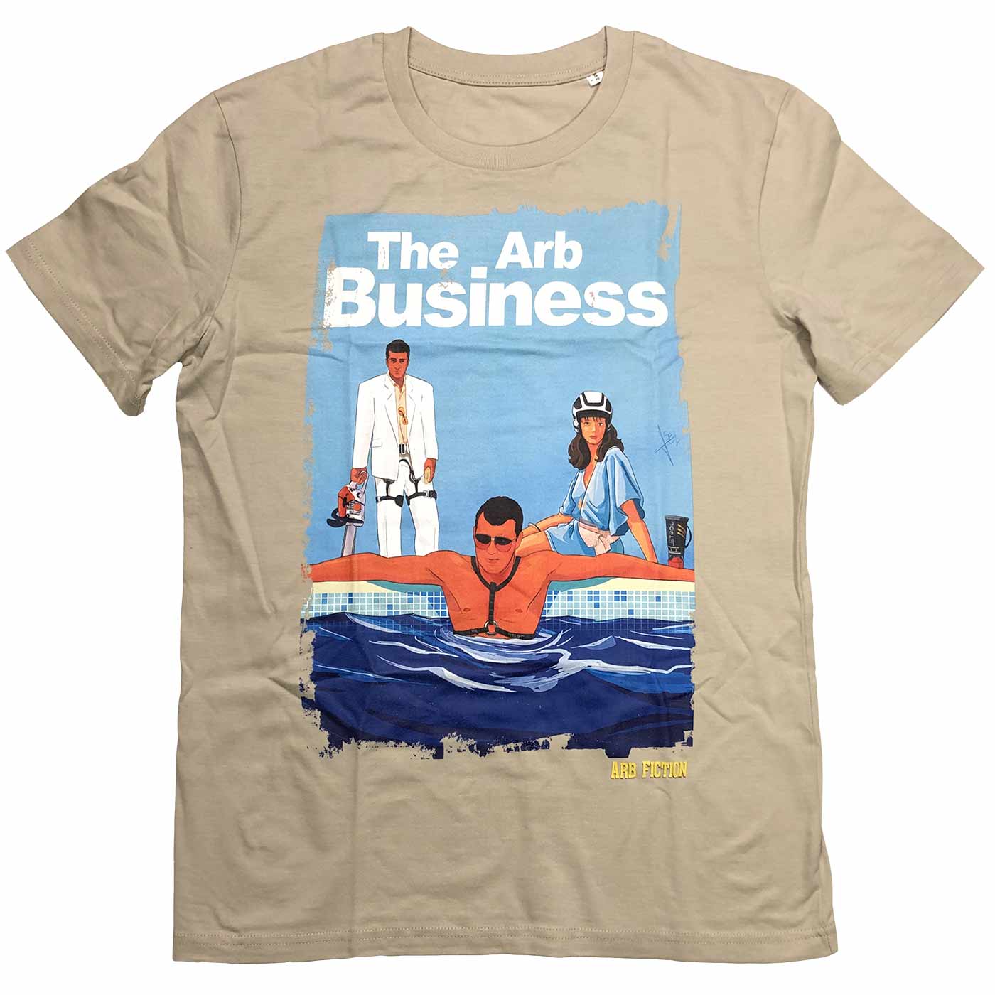 Beige T-shirt with "The Arb Business" print and an illustration of three people, one of them in the water, the other two at the edge of the pool, product name Arb Business