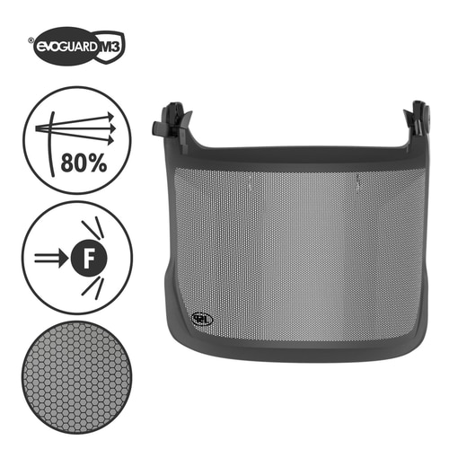 Evoguard M3 Forestry Visor with grey frame and black mesh, next to symbols and logo