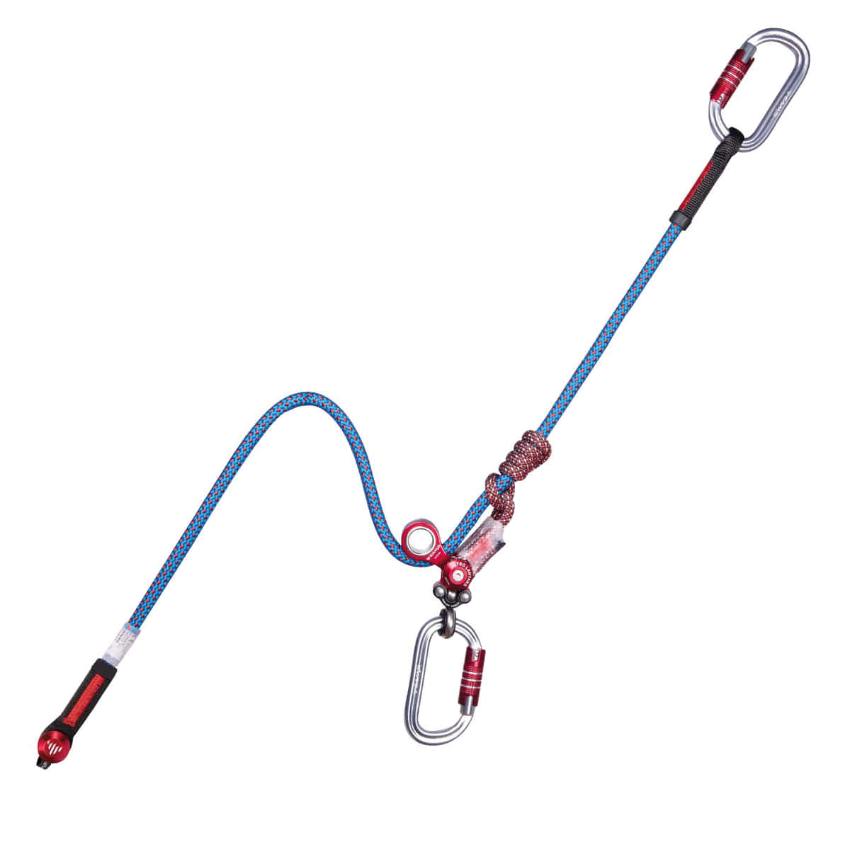 Gyro Lanyard Single, Climbing Rope with Two Carabiners, Blue-Red Rope and Red Metal Parts