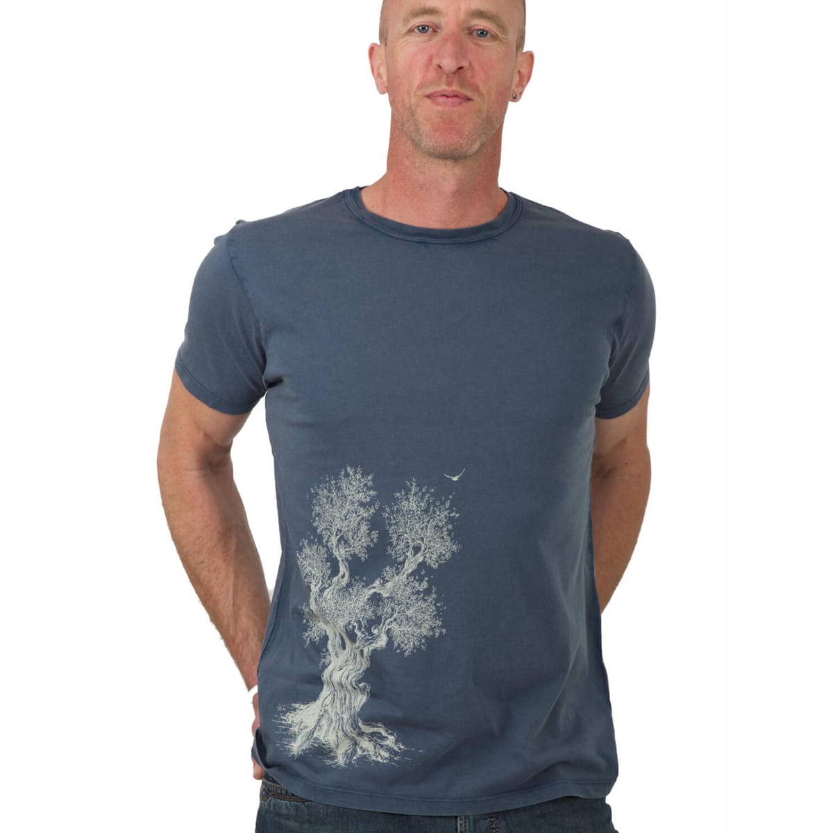 Olive Tree T-shirt, dark blue t-shirt with round neck, worn by a man, with white print of an olive tree on the front