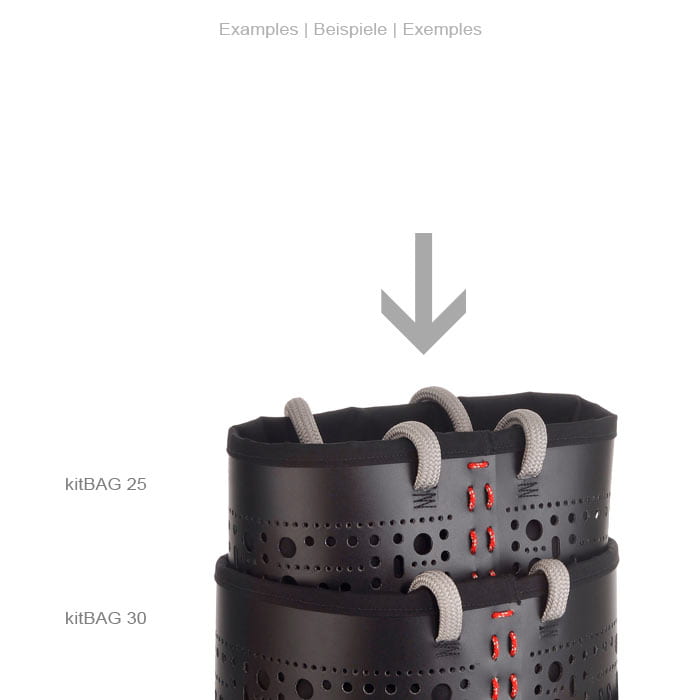 Seilberger kitBAG 25, black cylindrical container with grey handles and red stitching, stacked on a larger kitBAG 30 container, with a grey arrow pointing to the top container
