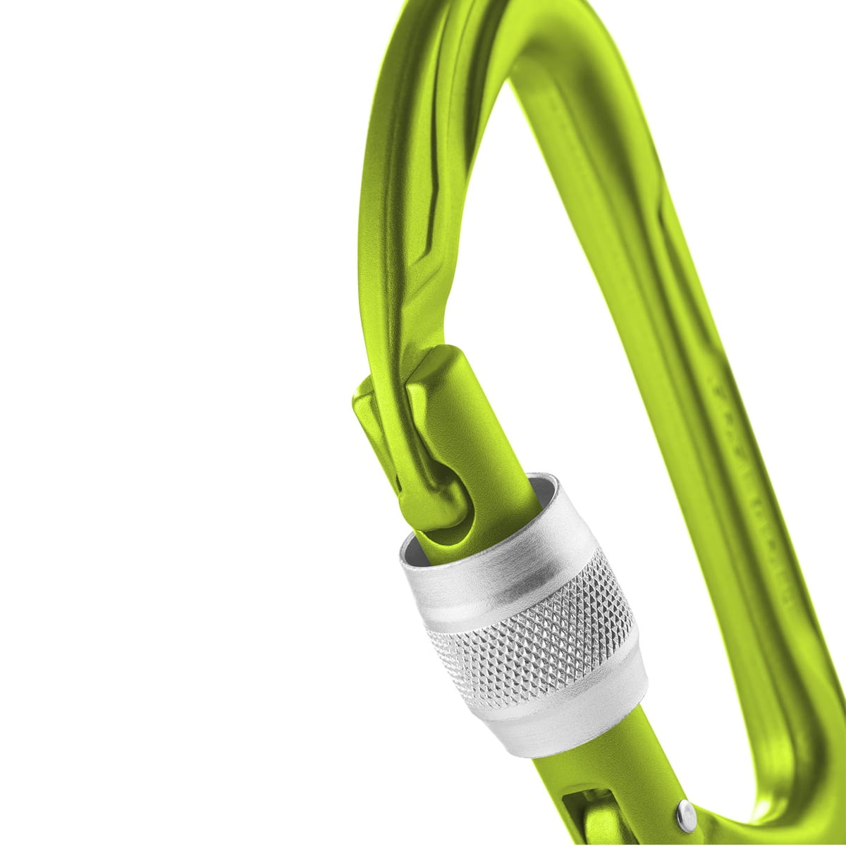 Close-up of the green Edelrid Pure Screw III carabiner with visible screw cap and detailed structure of the material