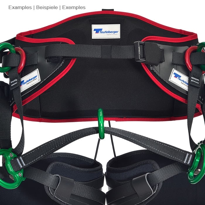black and red hip belt with green metal rings and Teufelberger logo, part of the treeMOTION Evo central band