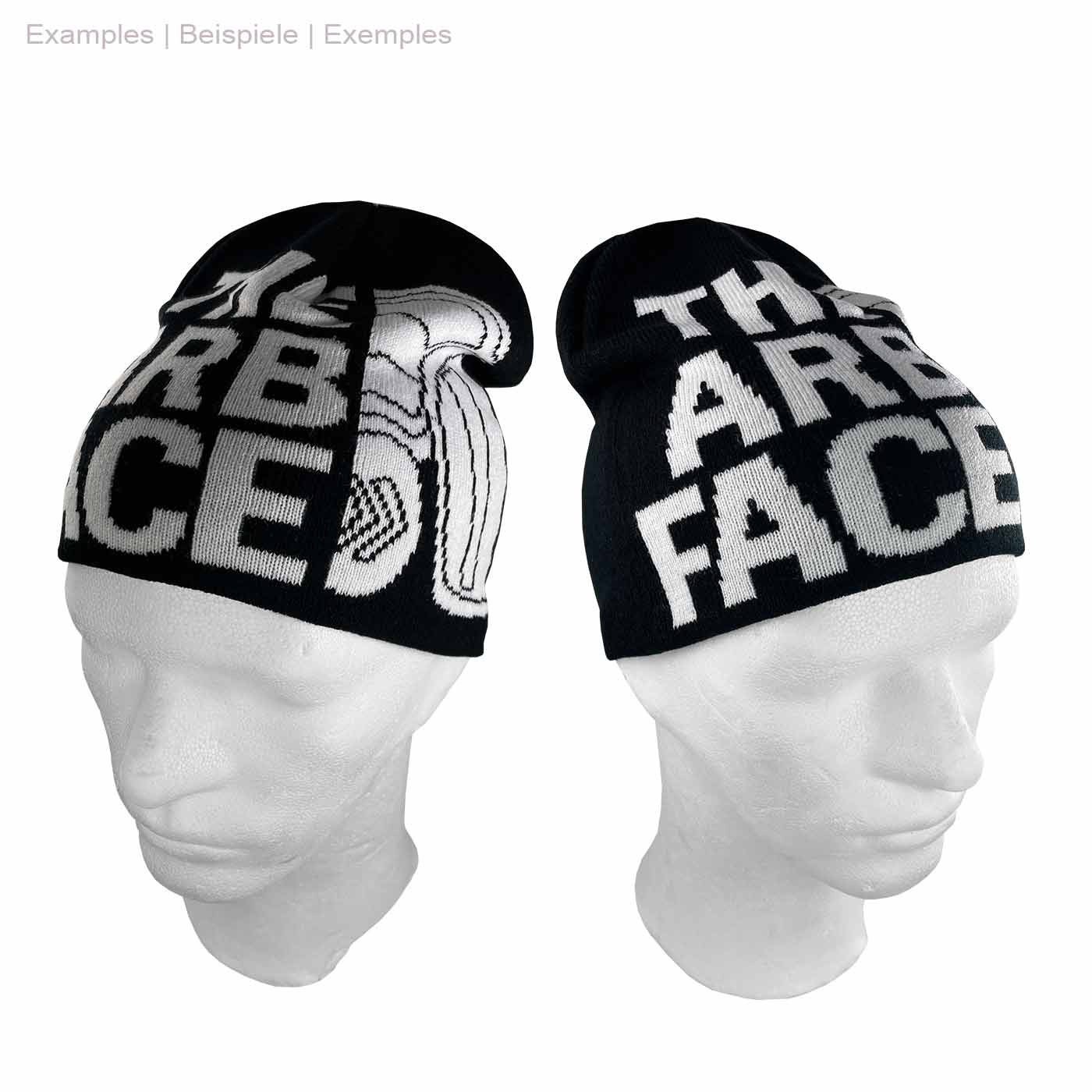 Black Arbface Beanie with white lettering "THE ARB FACE" and white design, worn on a white shop window head, view from left and right