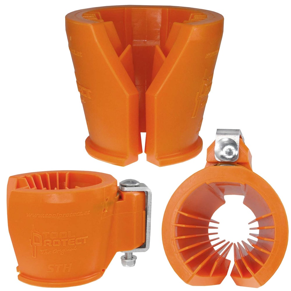 Screwdriver and rod holder in orange made of plastic with metal clip, three different views, manufacturer Tool Protect