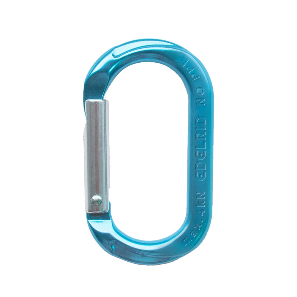 Mini-O snap hook in blue with silver locking spring, manufacturer not visible
