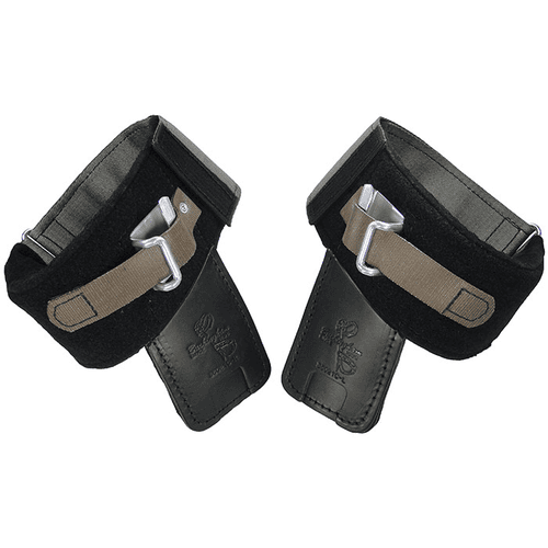 Wrap Pads Steel Buckalloy, Two Black Padded Wrist Straps with Gray Fabric, Metal Hooks and Black Leather Tabs with Logo and Text