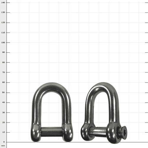 Stainless steel shackle, two silver metal brackets next to each other, one with screw cap, the other without visible closure