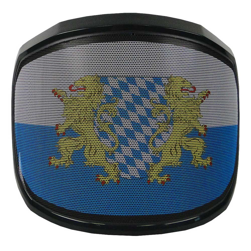 PROTOS® Special Edition visor with black frame and motif with two golden lions and blue and white diamond pattern behind a black grille