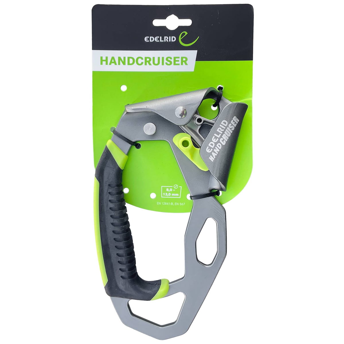 Hand Cruiser L by Edelrid, packed on green and black cardboard with the inscription "Handcruiser" and "Edelrid Hand Cruiser" in white, product attached with black cable ties