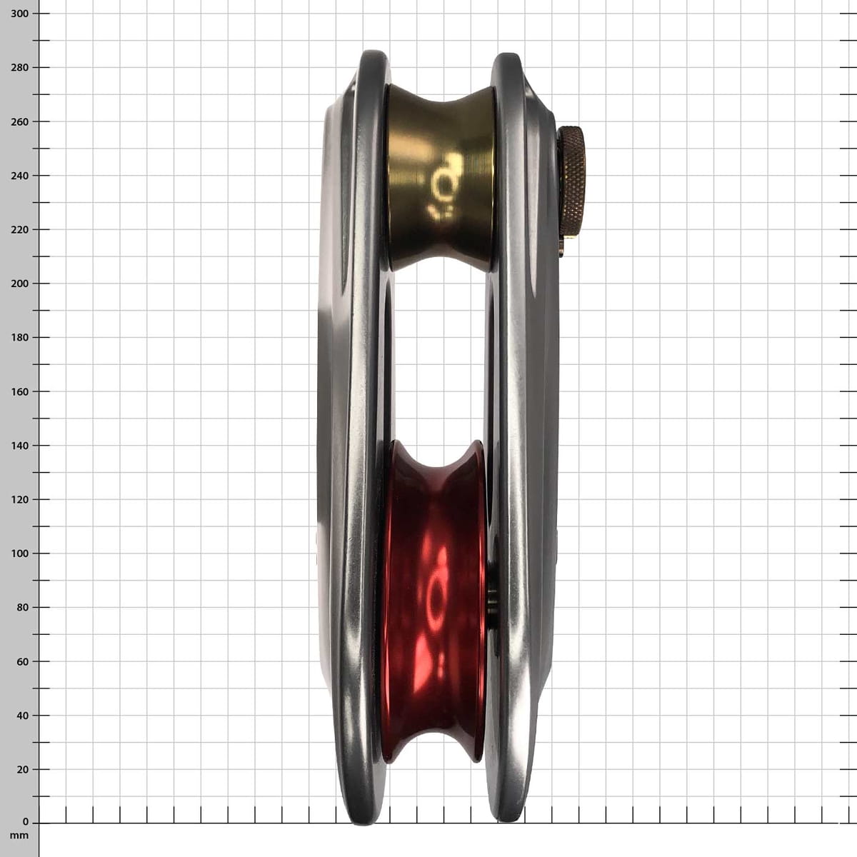Large Rigging Pulley with Silver Metal Housing, Red and Gold Reel Visible from the Front, Product Code RP257