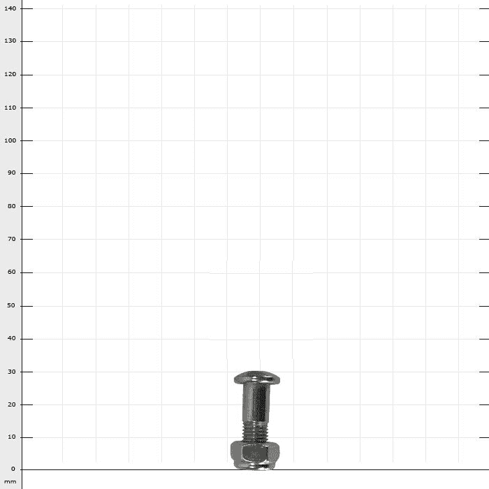 Helium screw set blade, single silver screw with nut against white background and grid dimension in millimeters