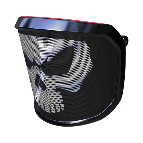 PROTOS® Visor Special Edition with black frame and white skull motif on black mesh fabric from the left side